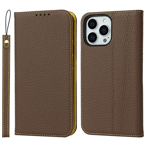 Leather Case Stands Flip Cover L10 Holder for Apple iPhone 15 Pro Brown