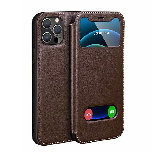 Leather Case Stands Flip Cover N01 Holder for Apple iPhone 12 Pro Max Brown