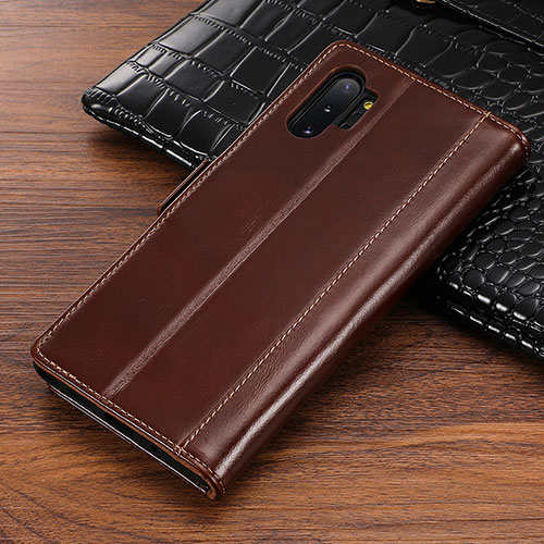 Leather Case Stands Flip Cover P01 Holder for Samsung Galaxy Note 10 Plus 5G Brown