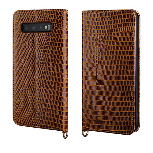 Leather Case Stands Flip Cover P04 Holder for Samsung Galaxy S10 Brown