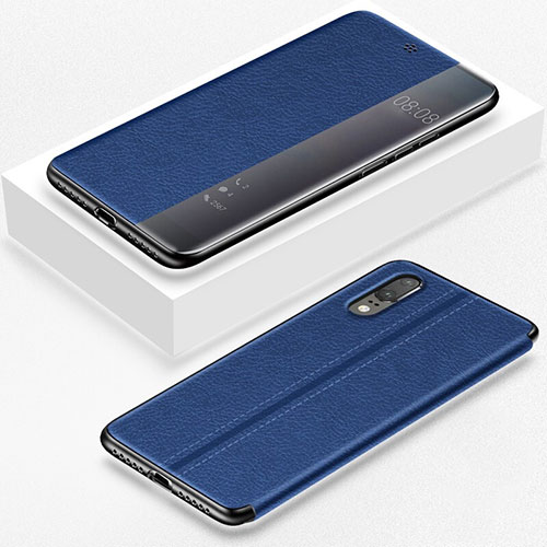 Leather Case Stands Flip Cover T02 Holder for Huawei P20 Blue