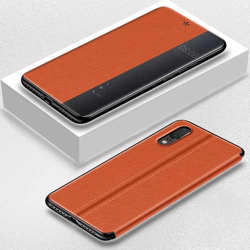 Leather Case Stands Flip Cover T02 Holder for Huawei P20 Orange