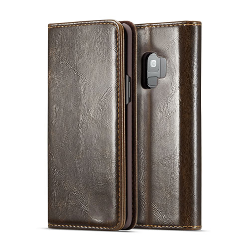 Leather Case Stands Flip Cover T02 Holder for Samsung Galaxy S9 Brown