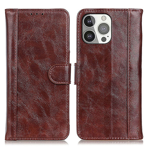 Leather Case Stands Flip Cover T04 Holder for Apple iPhone 14 Pro Brown