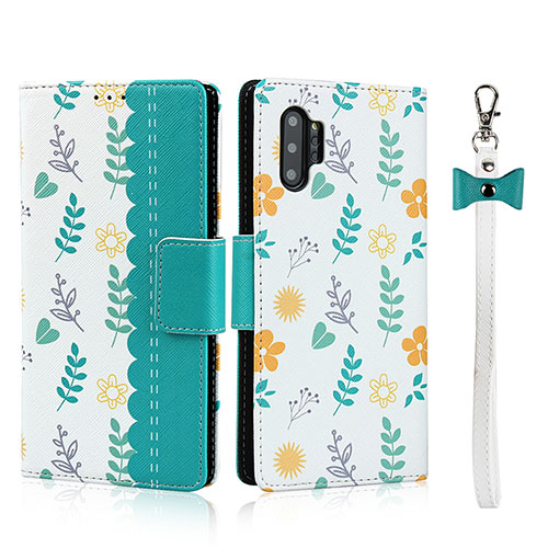 Leather Case Stands Flip Cover T05 Holder for Samsung Galaxy Note 10 Plus Cyan