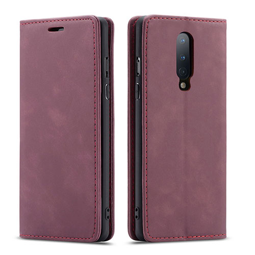 Leather Case Stands Flip Cover T07 Holder for OnePlus 8 Red Wine