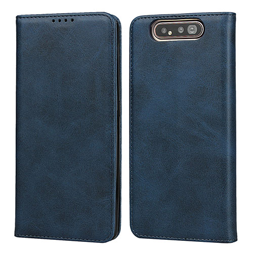 Leather Case Stands Flip Cover T08 Holder for Samsung Galaxy A80 Blue