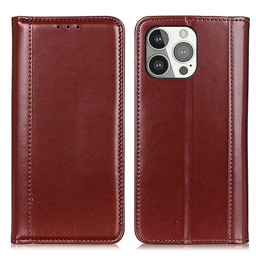 Leather Case Stands Flip Cover T09 Holder for Apple iPhone 15 Pro Brown