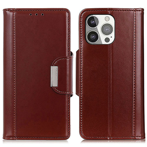 Leather Case Stands Flip Cover T22 Holder for Apple iPhone 14 Pro Brown