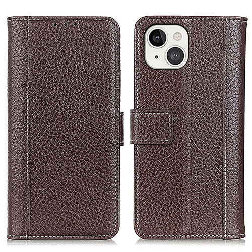 Leather Case Stands Flip Cover T23 Holder for Apple iPhone 15 Brown