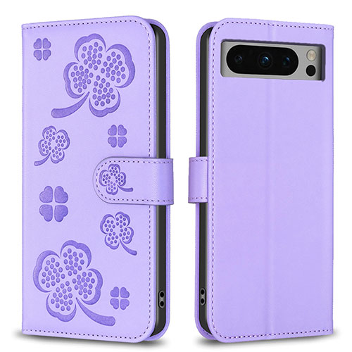 Leather Case Stands Flip Flowers Cover Holder BF1 for Google Pixel 8 Pro 5G Purple