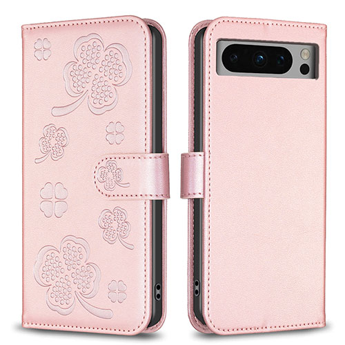 Leather Case Stands Flip Flowers Cover Holder BF1 for Google Pixel 8 Pro 5G Rose Gold