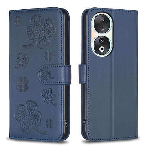 Leather Case Stands Flip Flowers Cover Holder BF1 for Huawei Honor 90 5G Blue