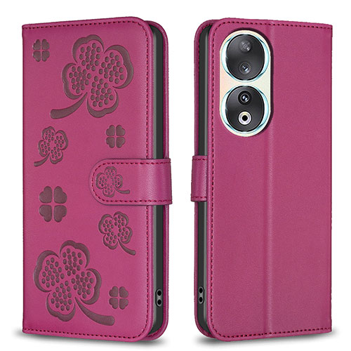 Leather Case Stands Flip Flowers Cover Holder BF1 for Huawei Honor 90 5G Hot Pink