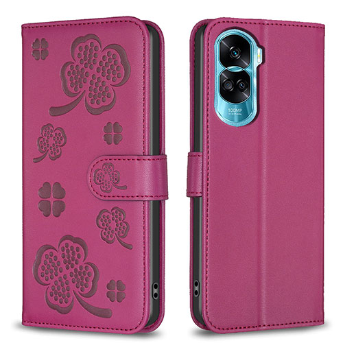 Leather Case Stands Flip Flowers Cover Holder BF1 for Huawei Honor 90 Lite 5G Hot Pink