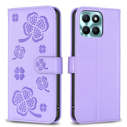 Leather Case Stands Flip Flowers Cover Holder BF1 for Huawei Honor X6a Purple