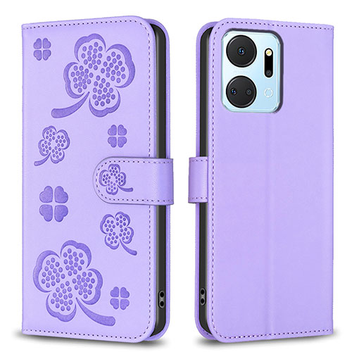 Leather Case Stands Flip Flowers Cover Holder BF1 for Huawei Honor X7a Purple