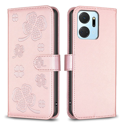 Leather Case Stands Flip Flowers Cover Holder BF1 for Huawei Honor X7a Rose Gold