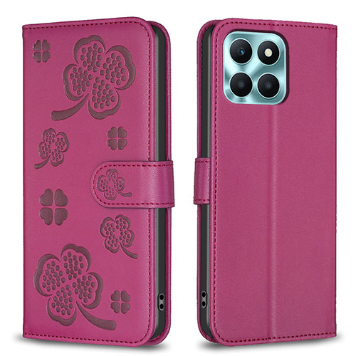 Leather Case Stands Flip Flowers Cover Holder BF1 for Huawei Honor X8b Hot Pink