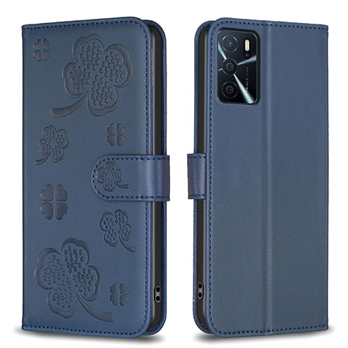 Leather Case Stands Flip Flowers Cover Holder BF1 for Oppo A16s Blue
