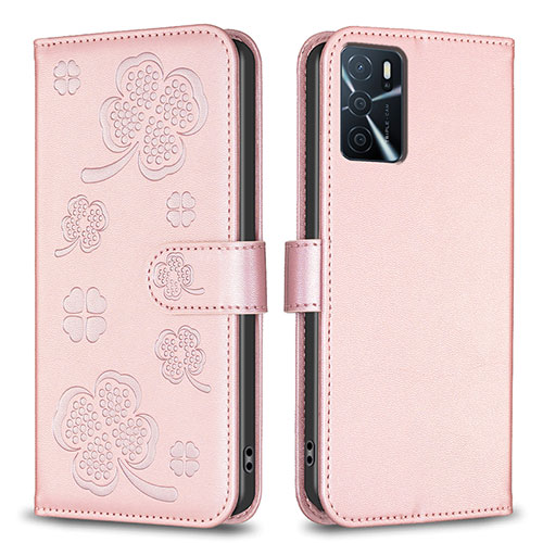 Leather Case Stands Flip Flowers Cover Holder BF1 for Oppo A16s Rose Gold