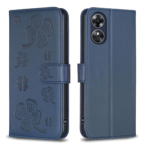 Leather Case Stands Flip Flowers Cover Holder BF1 for Oppo A17 Blue