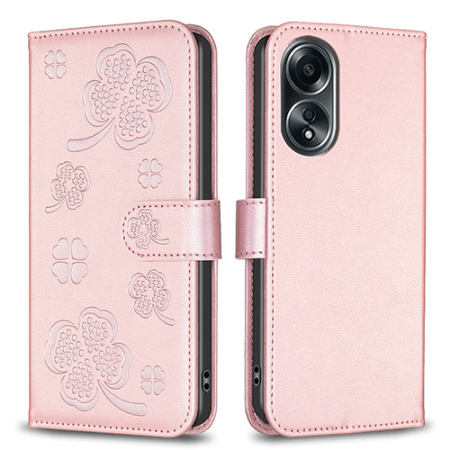 Leather Case Stands Flip Flowers Cover Holder BF1 for Oppo A38 Rose Gold