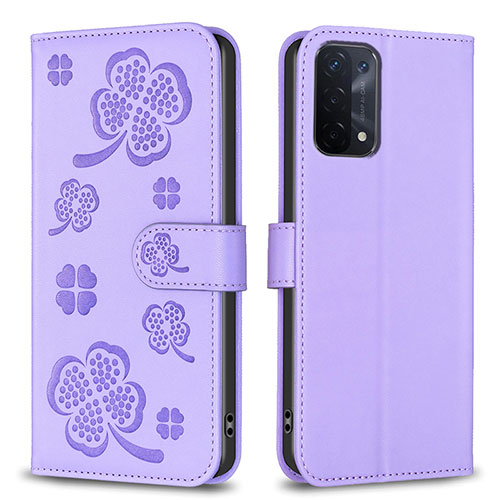 Leather Case Stands Flip Flowers Cover Holder BF1 for Oppo A54 5G Purple