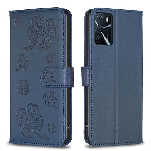 Leather Case Stands Flip Flowers Cover Holder BF1 for Oppo A54s Blue