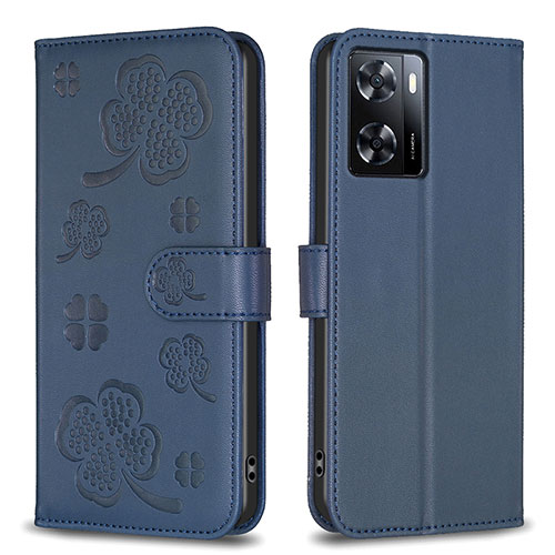 Leather Case Stands Flip Flowers Cover Holder BF1 for Oppo A57 4G Blue