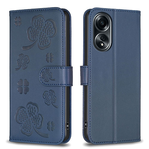 Leather Case Stands Flip Flowers Cover Holder BF1 for Oppo A58 4G Blue