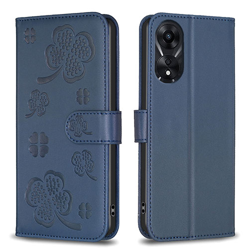 Leather Case Stands Flip Flowers Cover Holder BF1 for Oppo A58 5G Blue