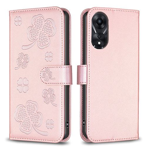 Leather Case Stands Flip Flowers Cover Holder BF1 for Oppo A58 5G Rose Gold