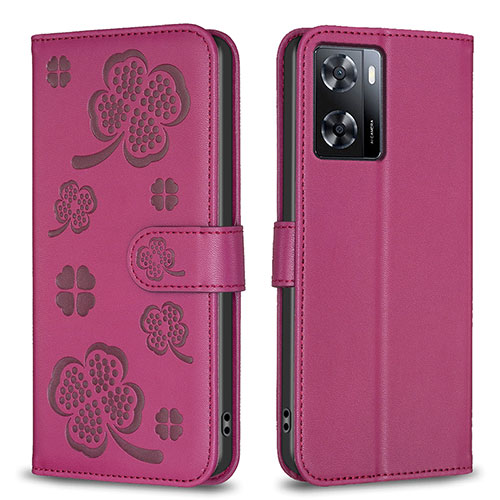 Leather Case Stands Flip Flowers Cover Holder BF1 for Oppo A77 4G Hot Pink