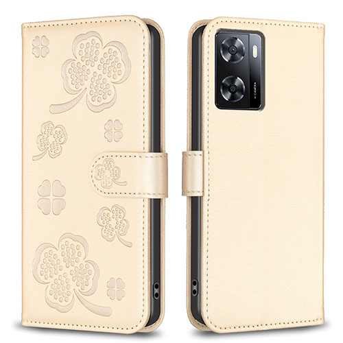 Leather Case Stands Flip Flowers Cover Holder BF1 for Oppo A77s Gold