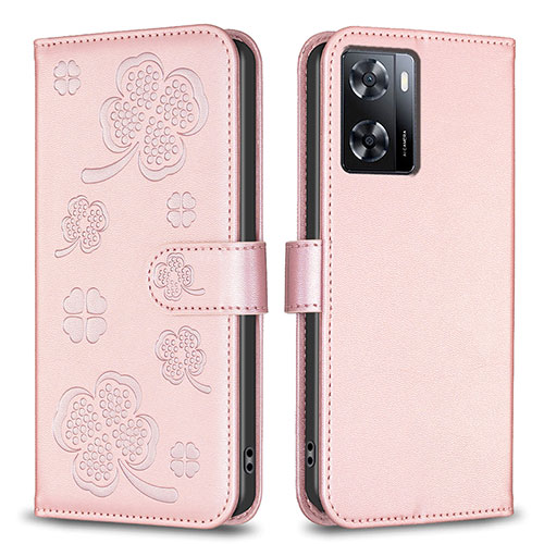 Leather Case Stands Flip Flowers Cover Holder BF1 for Oppo A77s Rose Gold