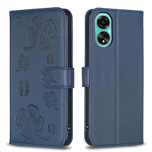 Leather Case Stands Flip Flowers Cover Holder BF1 for Oppo A78 4G Blue