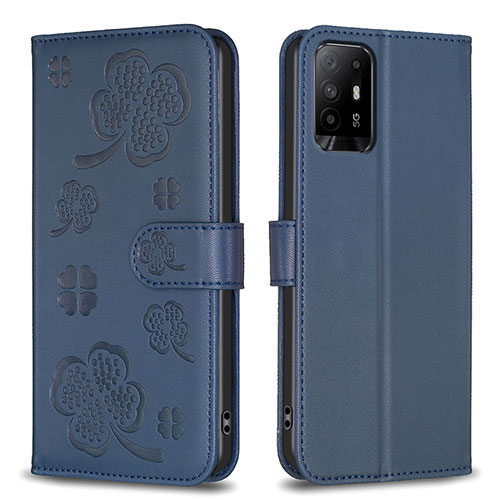 Leather Case Stands Flip Flowers Cover Holder BF1 for Oppo A94 5G Blue