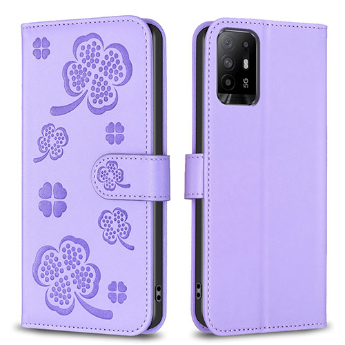 Leather Case Stands Flip Flowers Cover Holder BF1 for Oppo A95 5G Purple