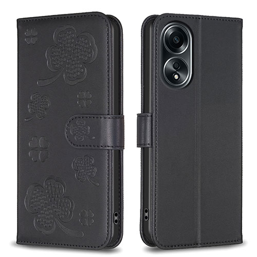 Leather Case Stands Flip Flowers Cover Holder BF1 for Oppo A98 5G Black