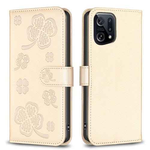 Leather Case Stands Flip Flowers Cover Holder BF1 for Oppo Find X5 5G Gold