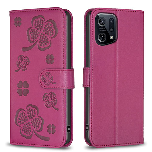 Leather Case Stands Flip Flowers Cover Holder BF1 for Oppo Find X5 5G Hot Pink