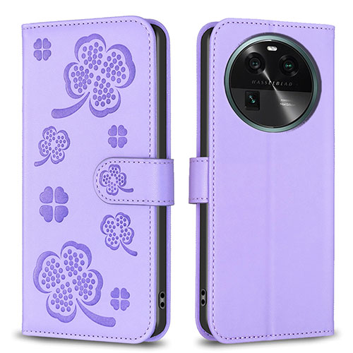 Leather Case Stands Flip Flowers Cover Holder BF1 for Oppo Find X6 5G Purple