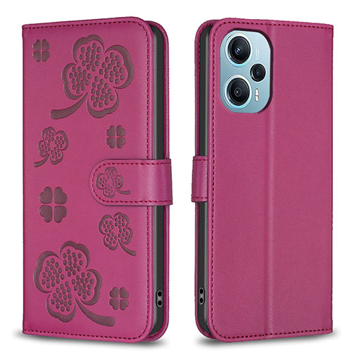 Leather Case Stands Flip Flowers Cover Holder BF1 for Xiaomi Poco F5 5G Hot Pink