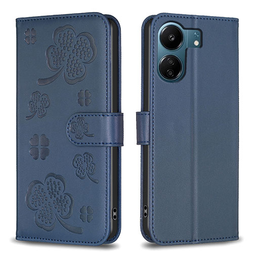 Leather Case Stands Flip Flowers Cover Holder BF1 for Xiaomi Redmi 13C Blue