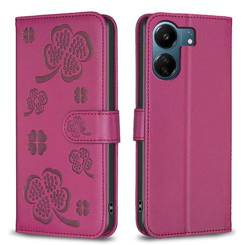 Leather Case Stands Flip Flowers Cover Holder BF1 for Xiaomi Redmi 13C Hot Pink