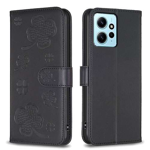 Leather Case Stands Flip Flowers Cover Holder BF1 for Xiaomi Redmi Note 12 4G Black