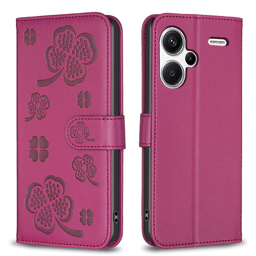 Leather Case Stands Flip Flowers Cover Holder BF1 for Xiaomi Redmi Note 13 Pro+ Plus 5G Hot Pink