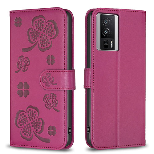 Leather Case Stands Flip Flowers Cover Holder BF2 for Xiaomi Redmi K60 5G Hot Pink