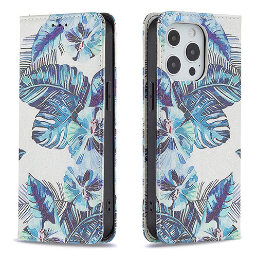 Leather Case Stands Flip Flowers Cover Holder for Apple iPhone 13 Pro Max Blue